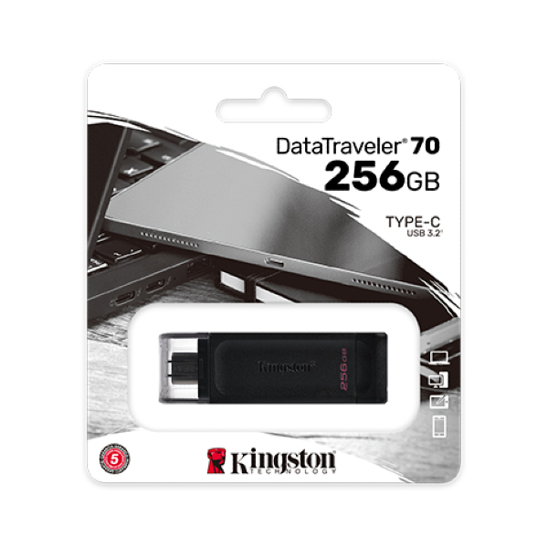 Memoria Flash USB Kingston DataTraveler 70, 256GB USB-C 3.2 Gen1, presentación en colgador