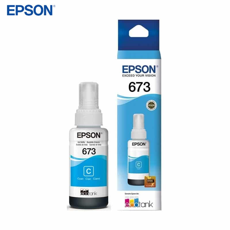 Botella de tinta EPSON 673 (T673220), color cian, contenido 70 ml, para impresora L800.<br>Presentación en caja.
