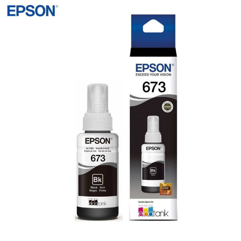 Botella de tinta EPSON 673 (T673120), color negro, contenido 70 ml, para impresora L800.<br> Presentación en caja.<br>