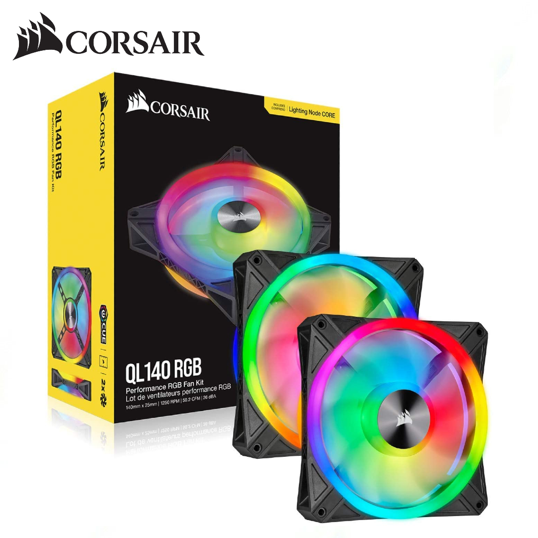 Ventilador Corsair (CO-9050100-WW) iCUE QL140 RGB 140 mm, 2 ventiladores con Lighting Node CORE.
