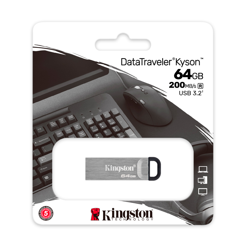 Memoria Flash USB Kingston DataTraveler Kyson 64GB, USB 3.2 Gen 1, Color Plata.