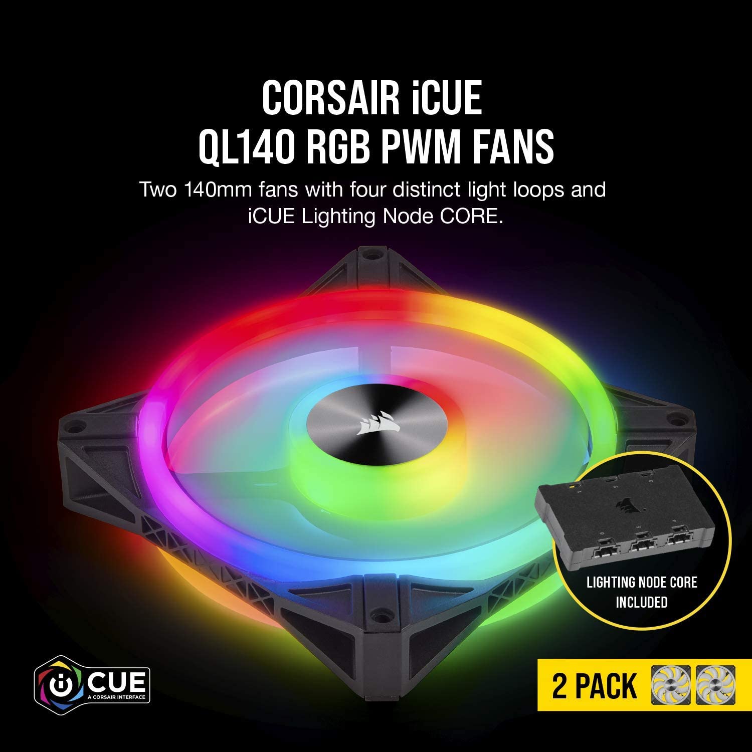 Ventilador Corsair (CO-9050100-WW) iCUE QL140 RGB 140 mm, 2 ventiladores con Lighting Node CORE.