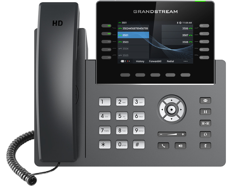 Teléfono Grandstream IP Wi-Fi, Grado Operador, 10 líneas SIP con 5 cuentas, pantalla a color 4.3", puertos Gigabit, Bluetooth, PoE